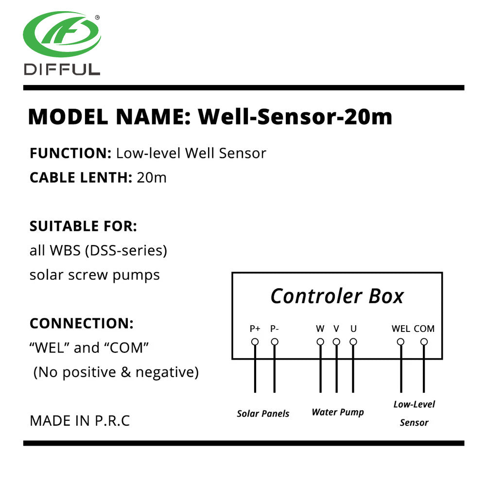 DIFFUL Low Level Sensor for Solar Bore Well Pump Float Switch 20 M Cable
