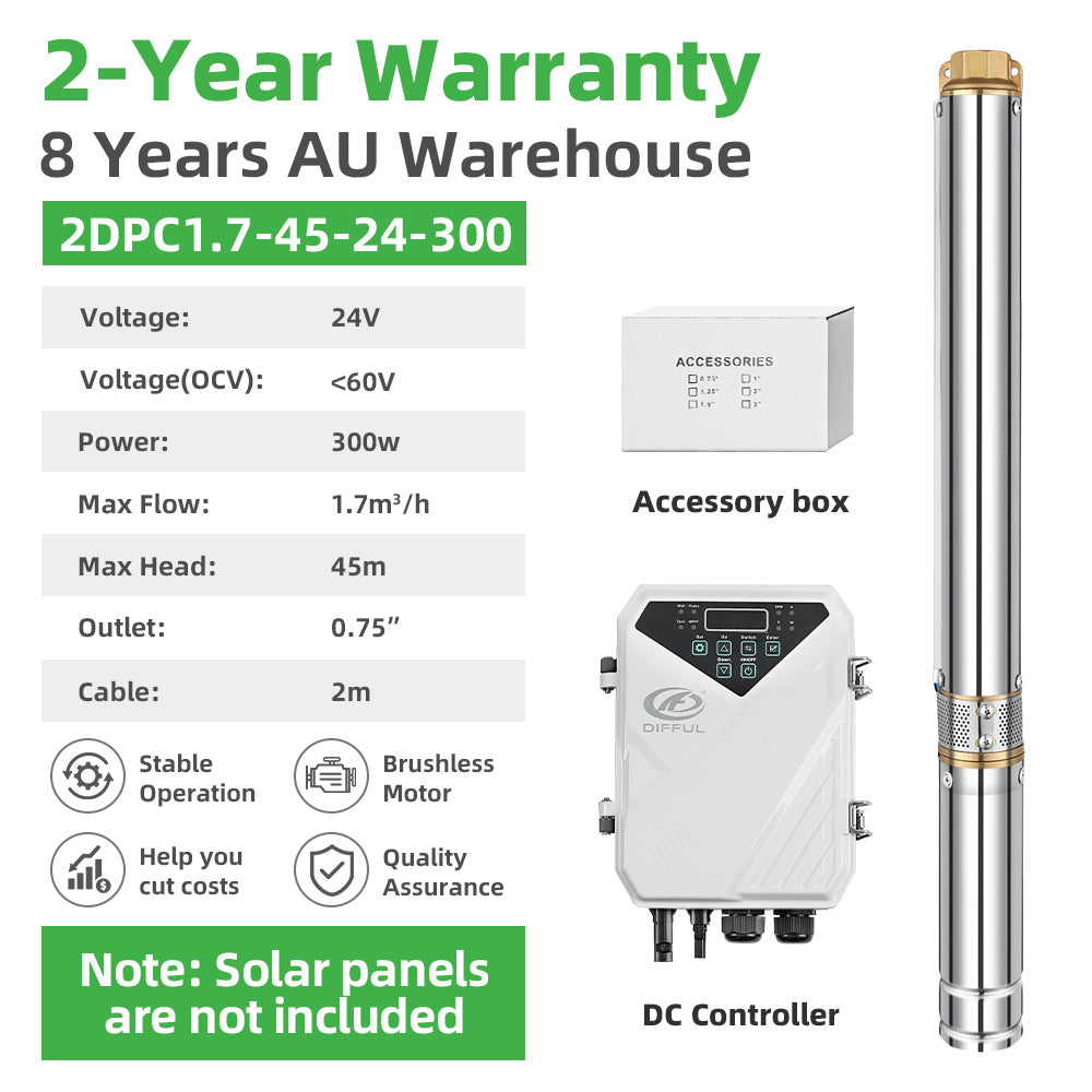 DIFFUL Solar Bore Water Pump, 2 inch 300 W 24 V DC For Off-Grid Living