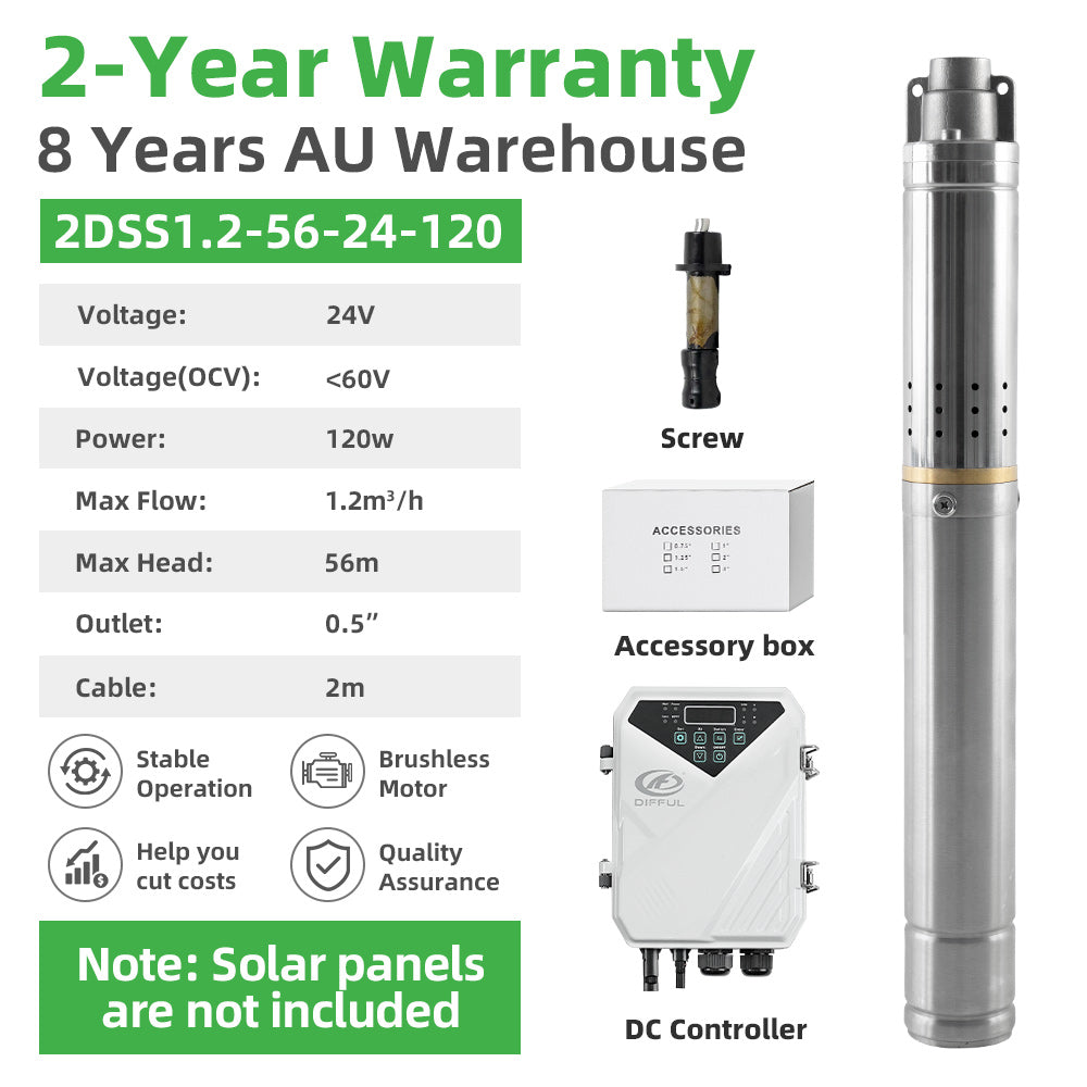 DIFFUL Solar Powered Water Pump Kit, 2 inch 56 M Head 120 W 24 V DC For Off-Grid Living