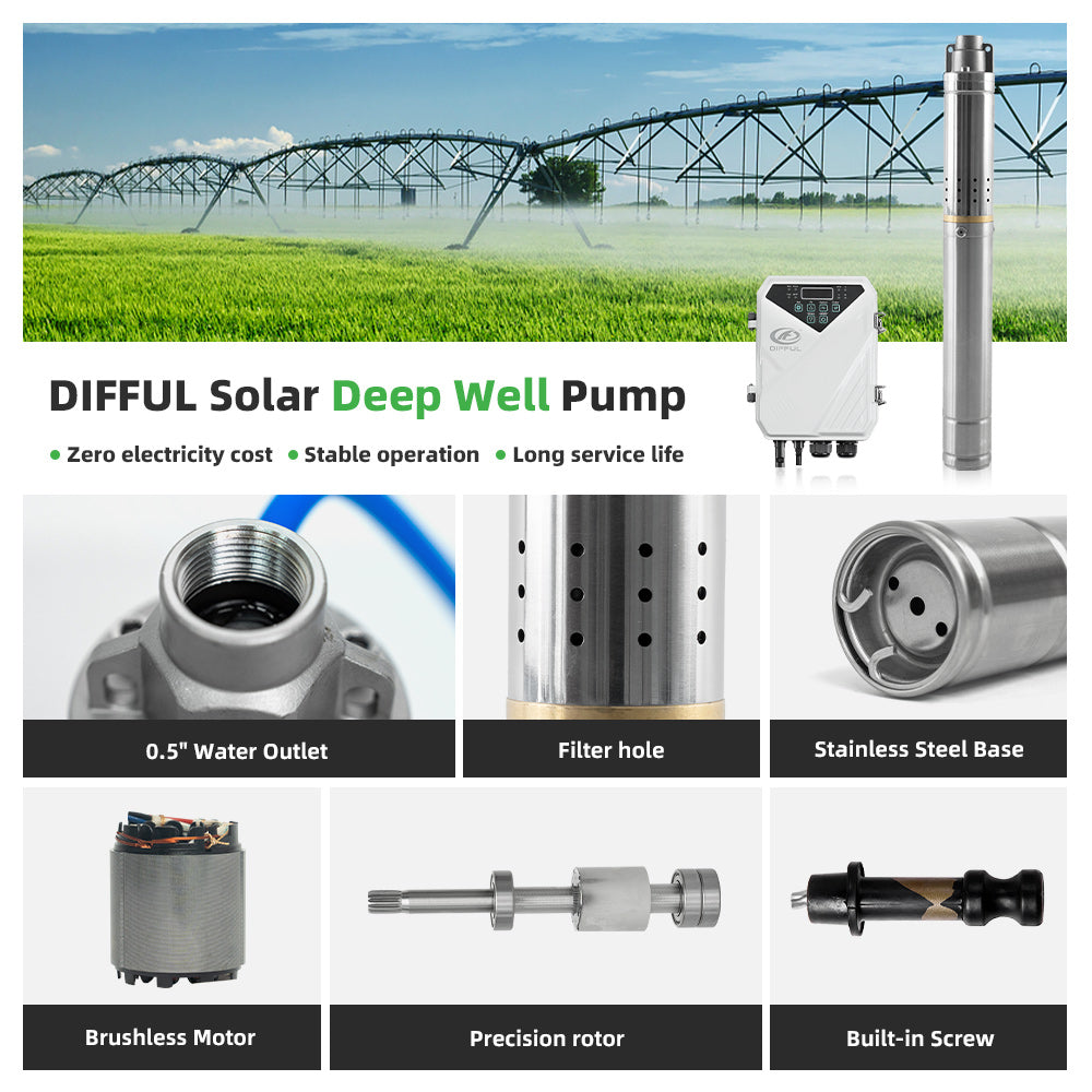 DIFFUL Solar Powered Water Pump Kit, 2 inch 56 M Head 120 W 24 V DC For Off-Grid Living