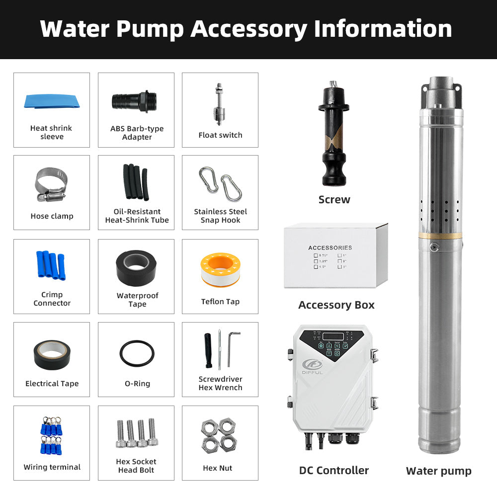 DIFFUL Solar Powered Water Pump Kit, 2 inch 56 M Head 120 W 24 V DC For Off-Grid Living