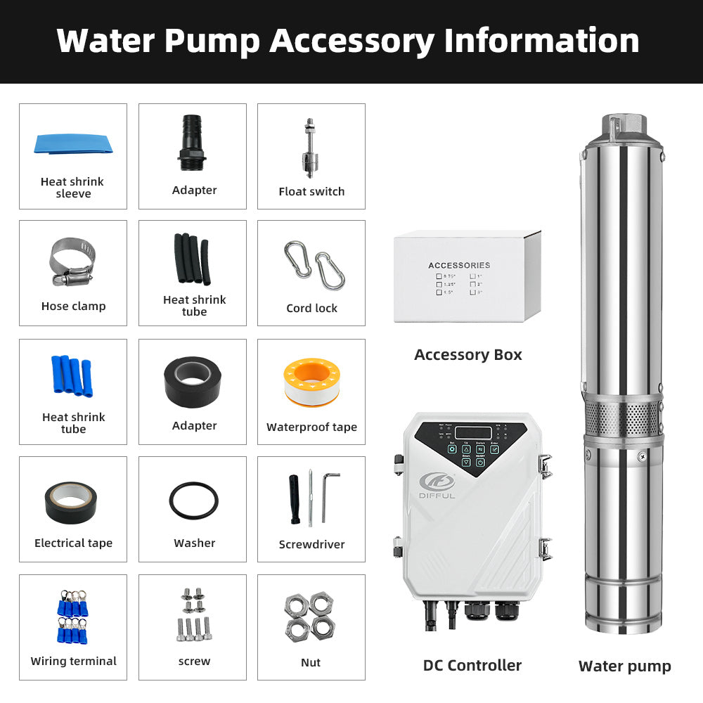 DIFFUL Solar Water Pump Solutions, 3 inch 1100 W 72 V DC For Drip Lines