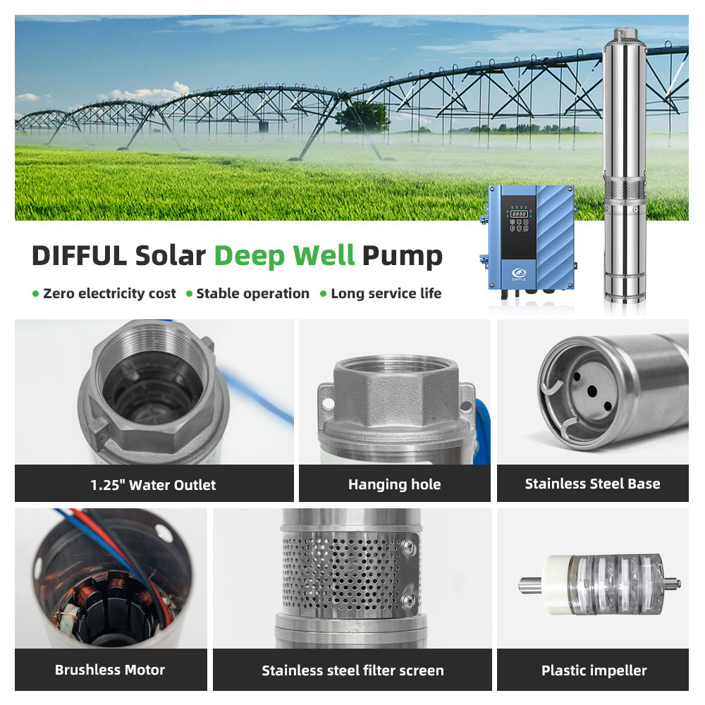 DIFFUL Solar Water Pump Solutions, 3 inch 1100 W 85 V - 280 V AC/DC For Drip Lines