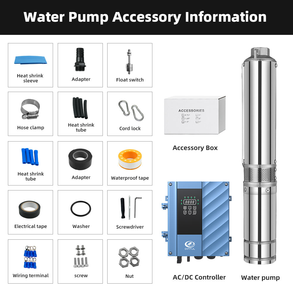 DIFFUL Solar Water Pump Solutions, 3 inch 1100 W 85 V - 280 V AC/DC For Drip Lines