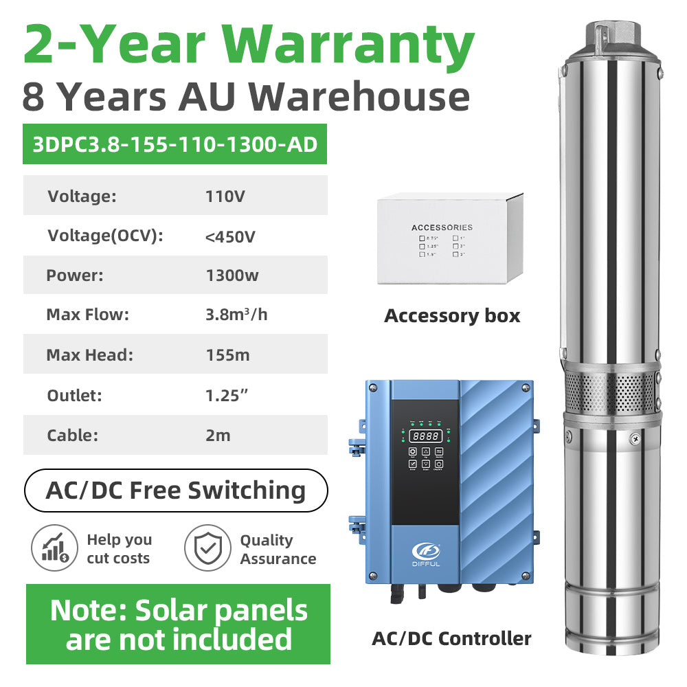 DIFFUL Solar Water Pump, 3 inch 1300 W 110 V AC/DC For Irrigation