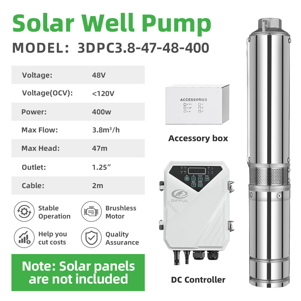 DIFFUL Solar Water Pump Solutions, 3 inch 400 W 48 V DC For Drip Lines