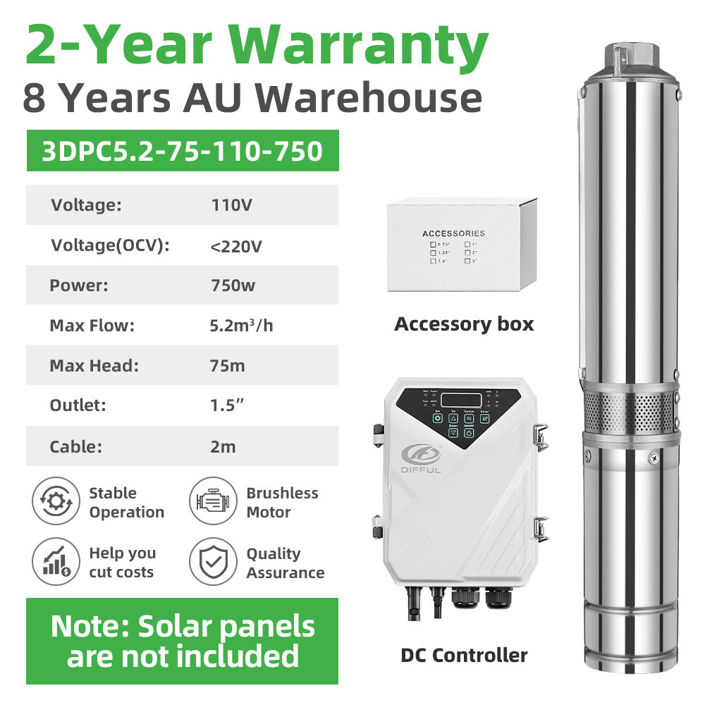 DIFFUL Solar Water Pump, 3 inch 750 W 110 V DC For Irrigation