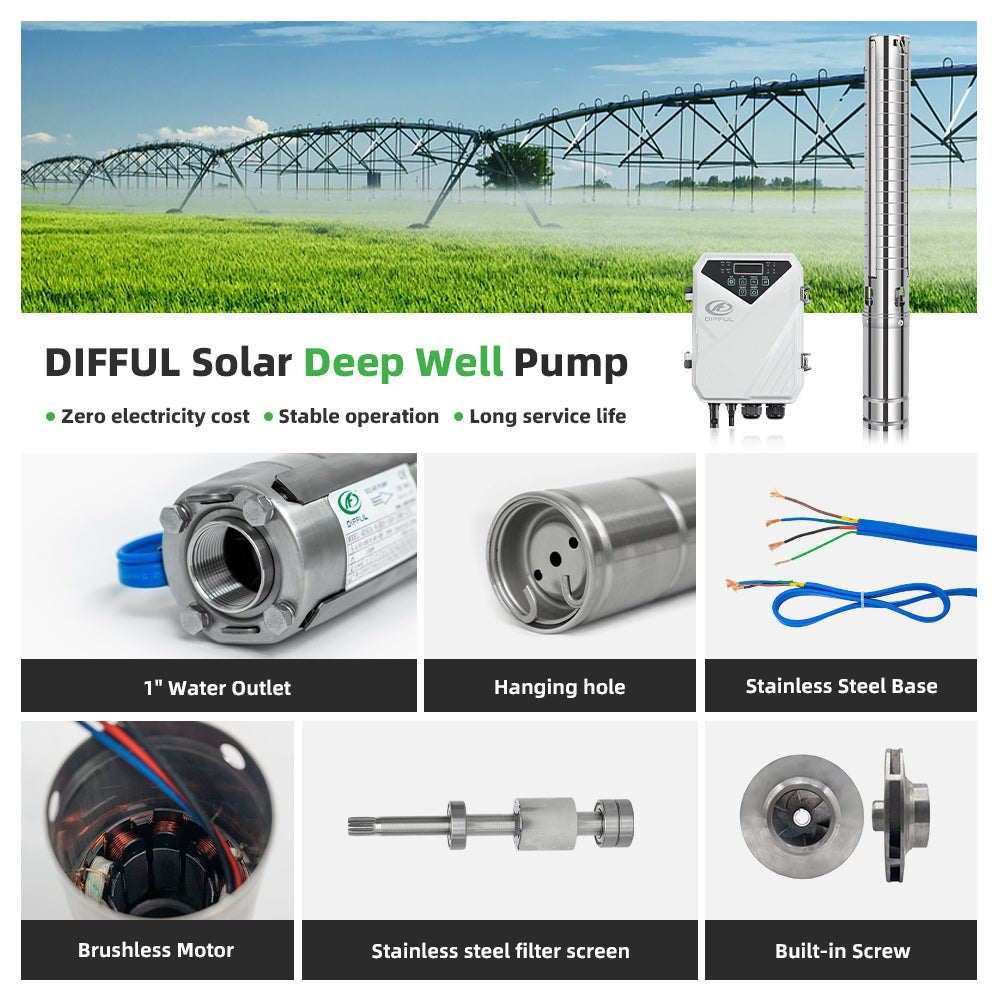 DIFFUL Solar Powered Submersible Water Pump, 3 inch 750 W 48 V DC For Irrigation