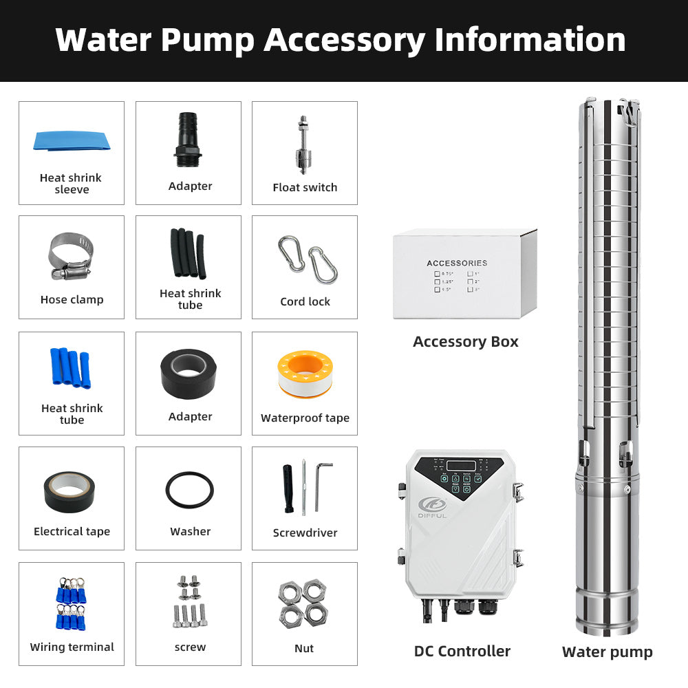 DIFFUL Solar Pumps Kit, 3 inch 300W 24 V DC For Livestock