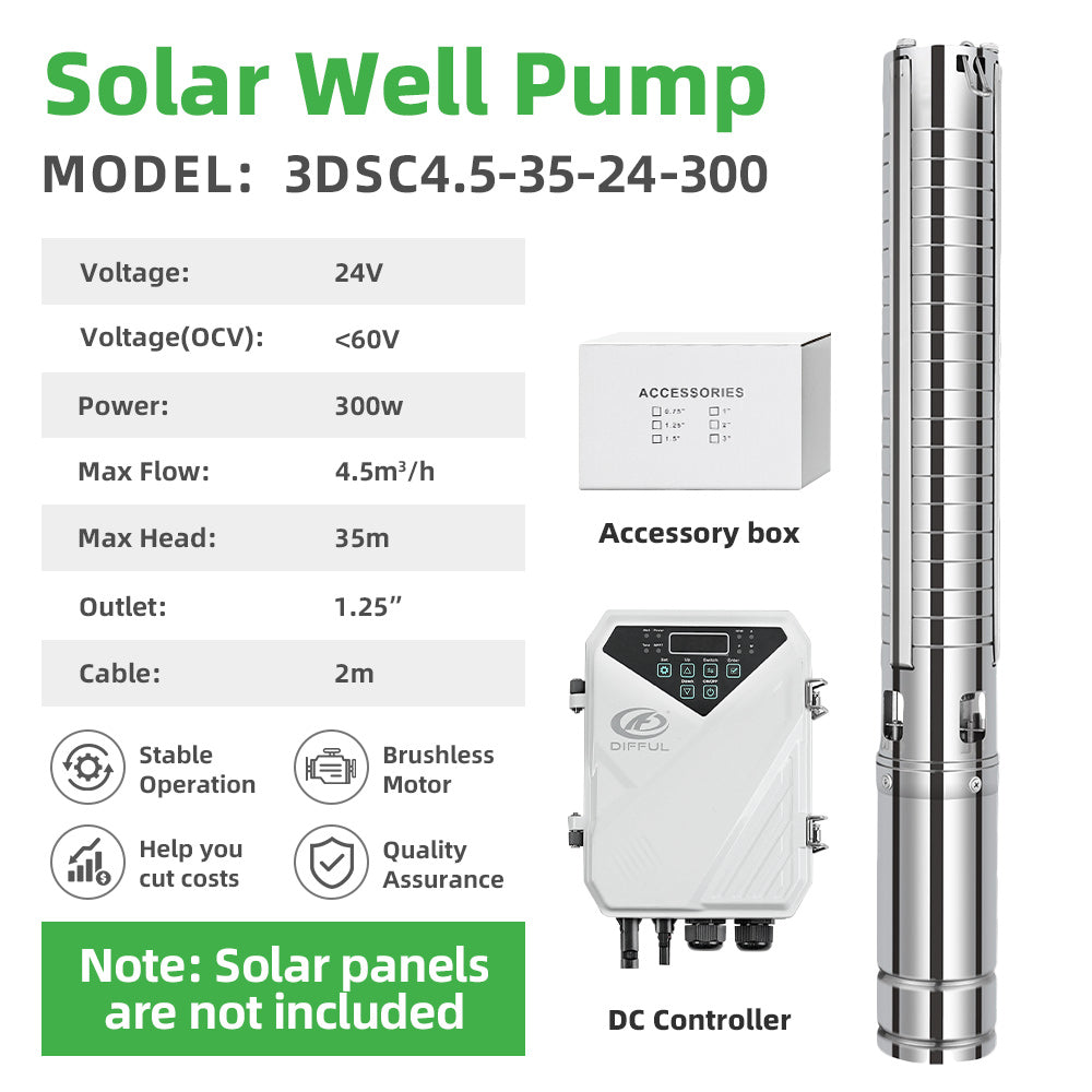 DIFFUL Solar Pumps Kit, 3 inch 300W 24 V DC For Livestock