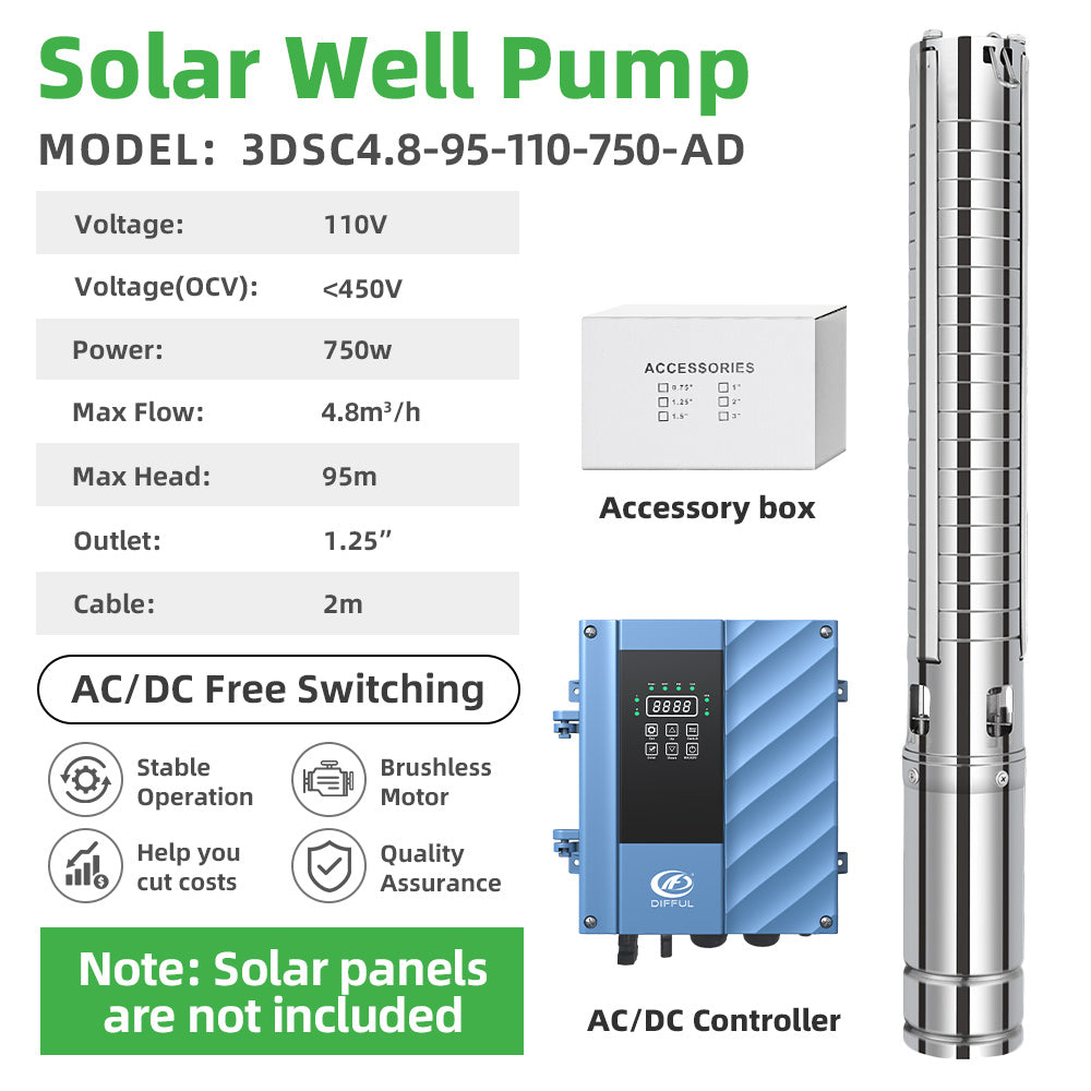 DIFFUL Solar Well Pumps, 3 inch 750 W 85 V - 280 V AC/DC For Sprinklers