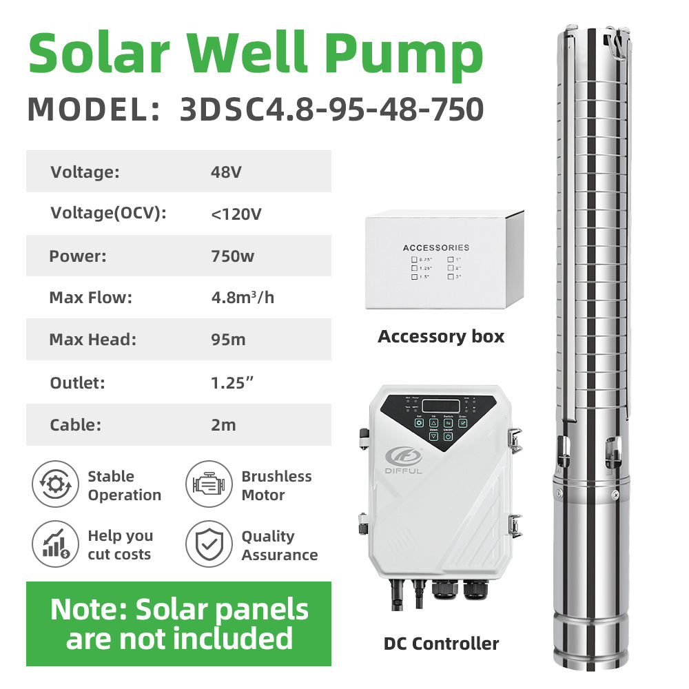DIFFUL Solar Powered Submersible Water Pump, 3 inch 750 W 48 V DC For Irrigation