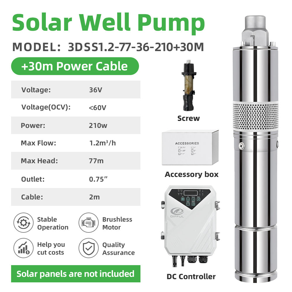 DIFFUL Solar Well Pumps, 3 inch 210 W 36 V DC 30 M Cable For Sprinklers
