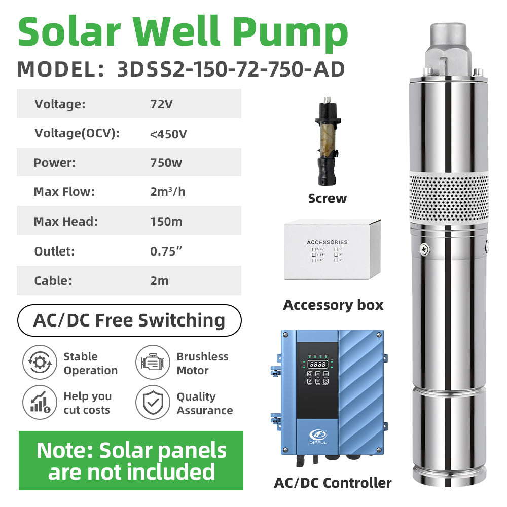 DIFFUL Solar Motor Pump, 3 inch 750 W 85 V - 280 V AD For Irrigation