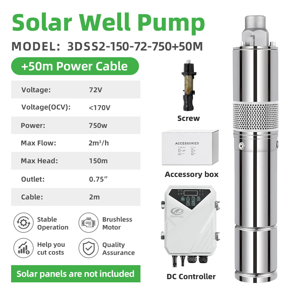 DIFFUL Solar Bore Pump, 3 inch 750 W 72 V DC 50 M Cable For Drip Lines