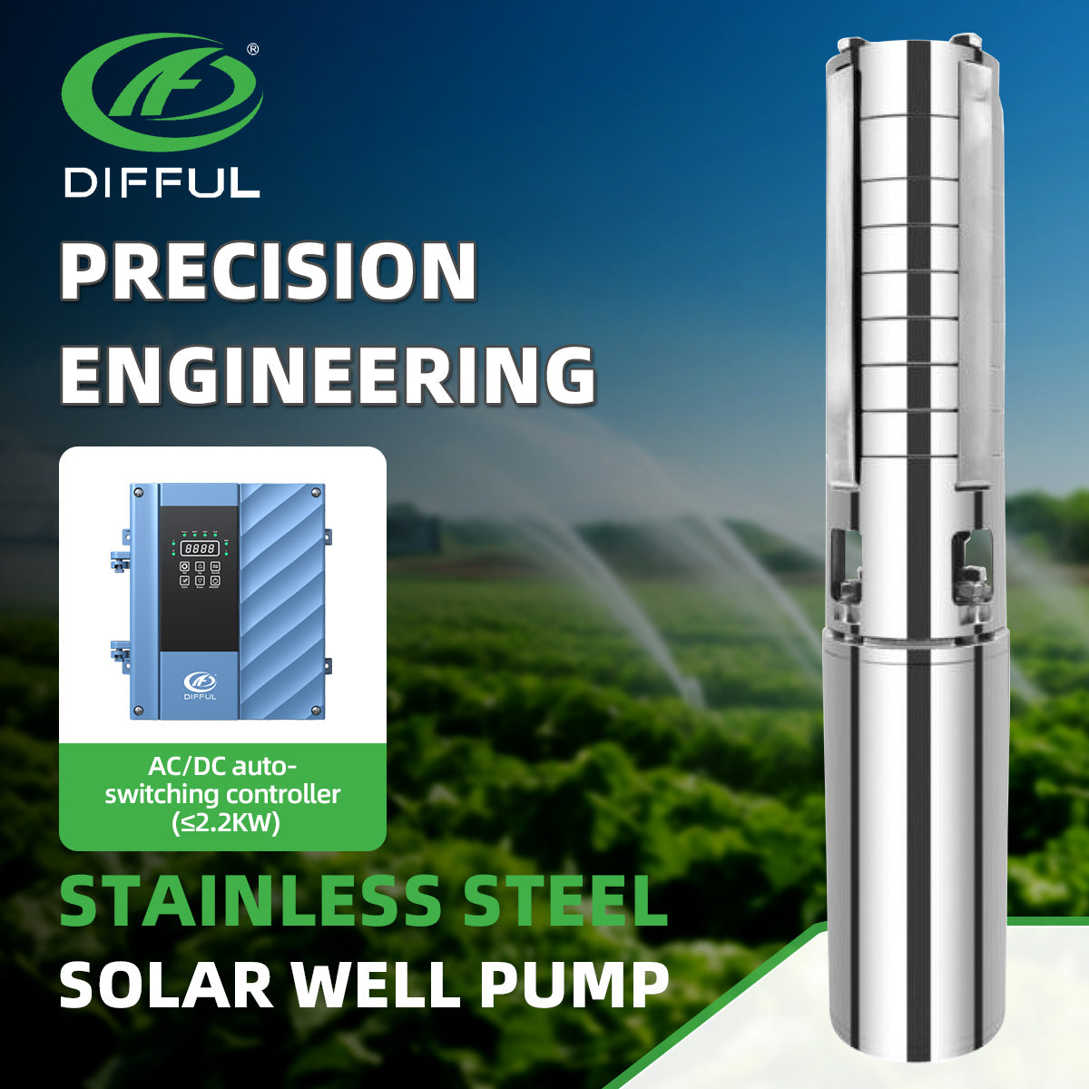 DIFFUL Solar Shielded Pumps, 4 inch 203 M High Head 1500 W 85 V - 280 V AC/DC For Irrigation