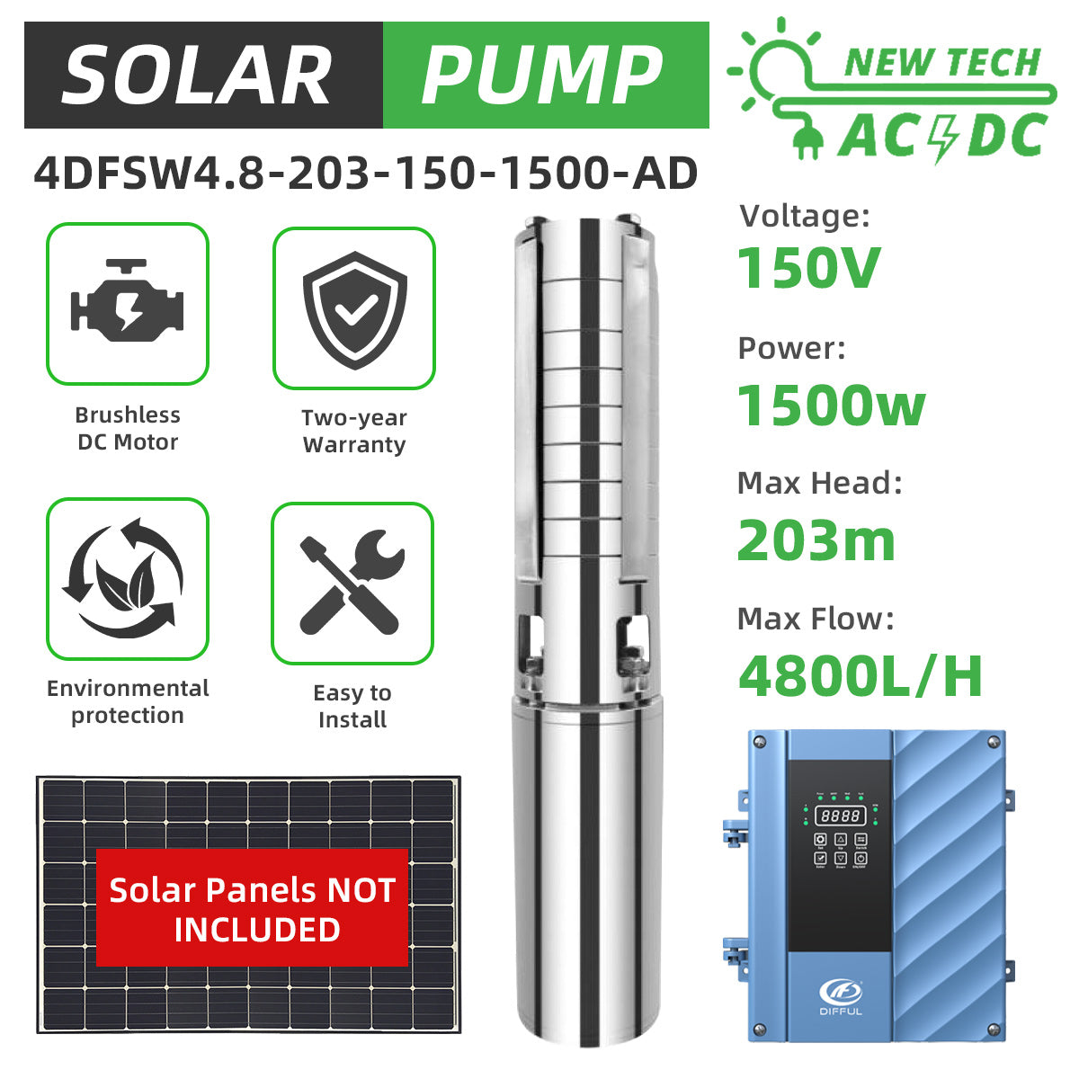 DIFFUL Solar Shielded Pumps, 4 inch 203 M High Head 1500 W 85 V - 280 V AC/DC For Irrigation