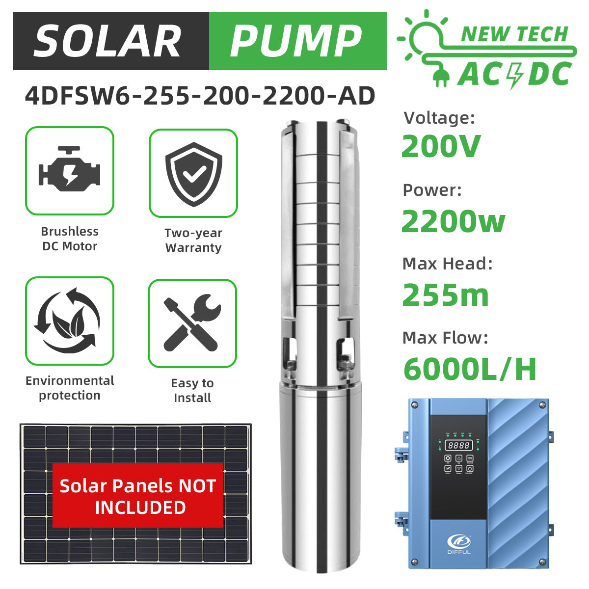 DIFFUL Solar Borehole Water Pump, 4 inch 255 M High Head 2200 W 85 V - 280 V AC/DC For Deep Well