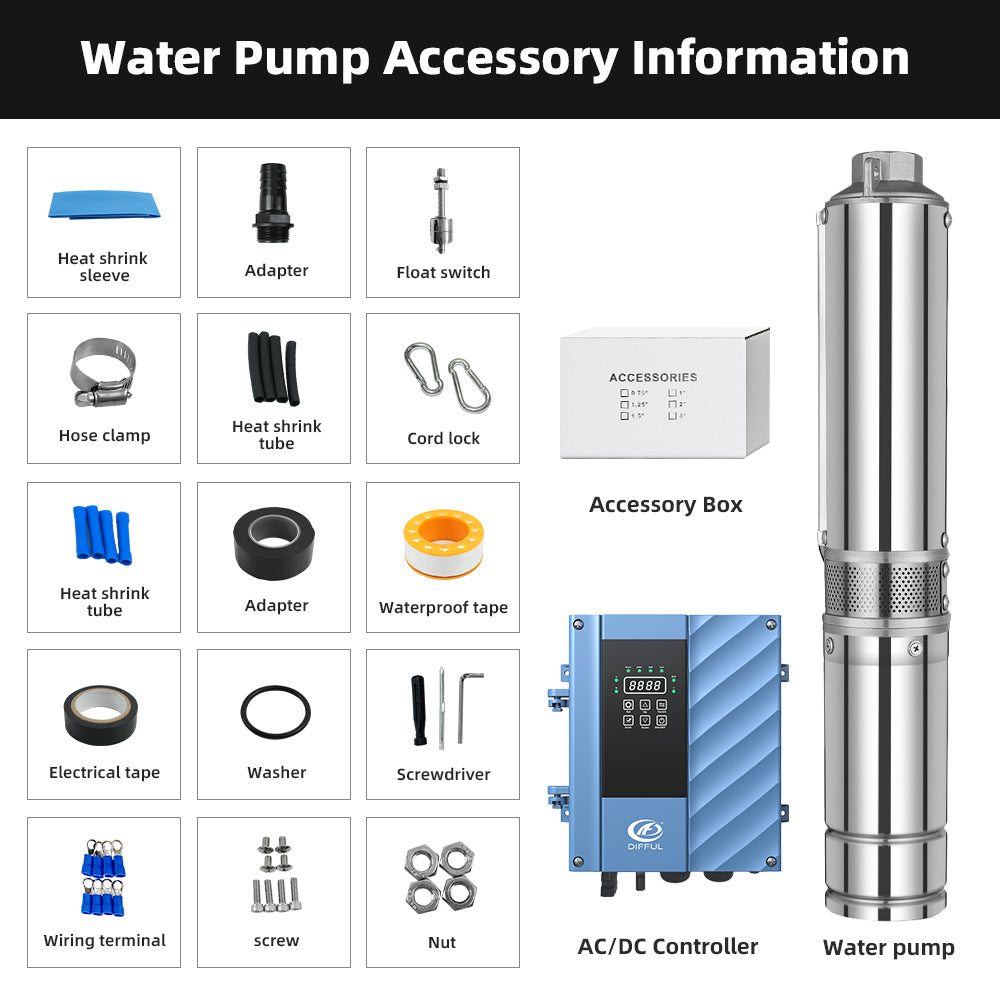 DIFFUL Solar Submersible Pump System, 4 inch 2200 W 85 V - 280 V AC/DC For Drip Lines