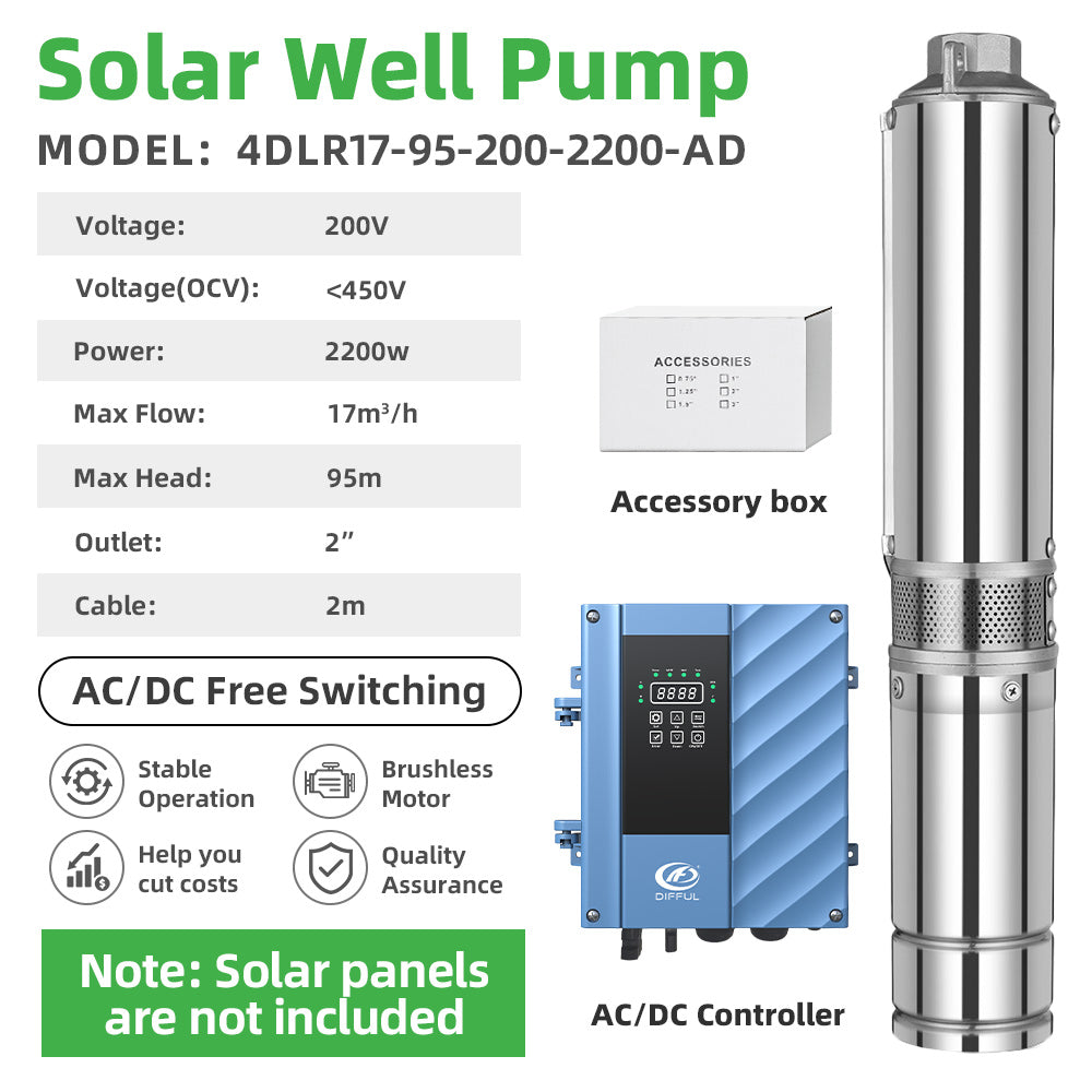 DIFFUL Solar Submersible Pump System, 4 inch 2200 W 85 V - 280 V AC/DC For Drip Lines