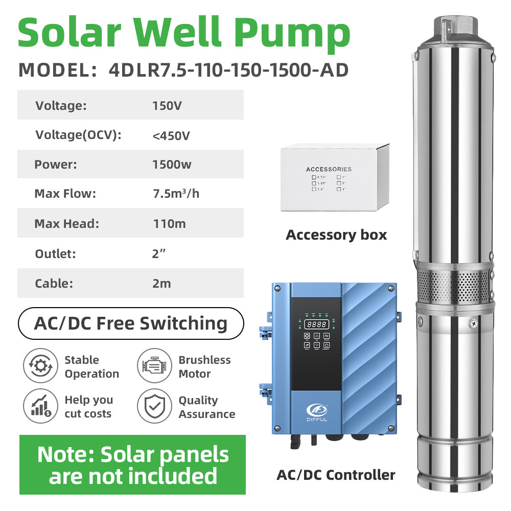 DIFFUL Solar Submersible Pump System, 4 inch 1500 W 85 V - 280 V AC/DC For Drip Lines