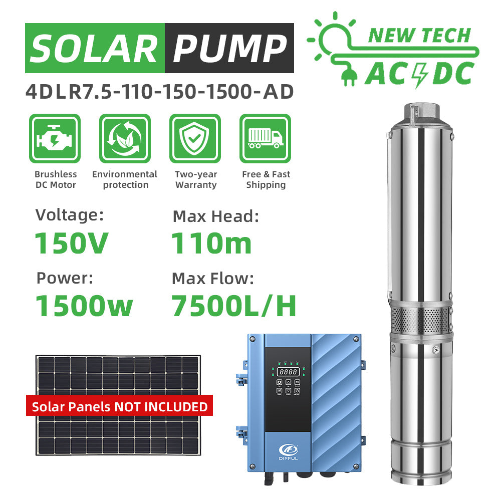 DIFFUL Solar Submersible Pump System, 4 inch 1500 W 85 V - 280 V AC/DC For Drip Lines