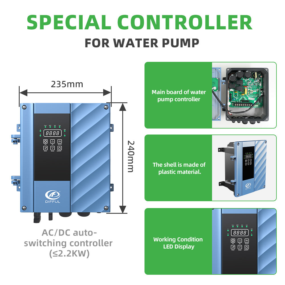 DIFFUL Solar Submersible Pump System, 4 inch 2200 W 85 V - 280 V AC/DC For Drip Lines