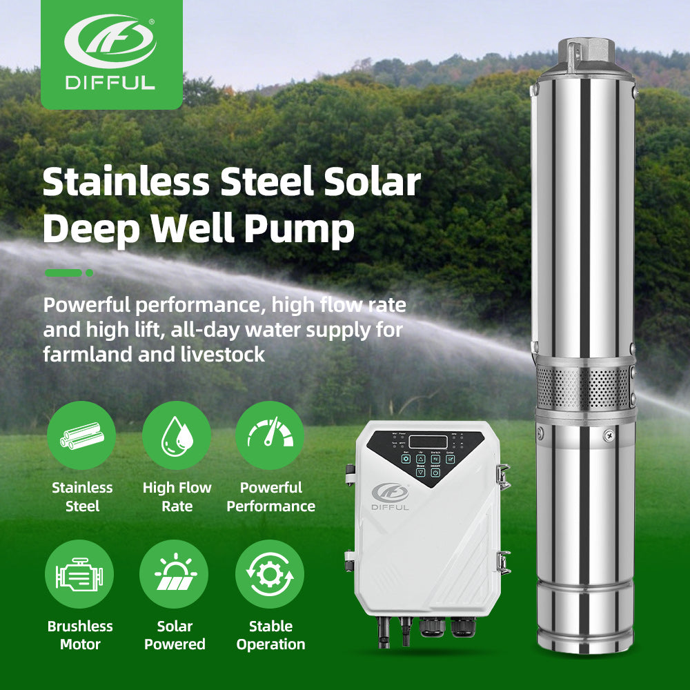 DIFFUL Solar Powered Water Pump Kit, 4 inch 135 M Head 1500 W 110 V DC For Off-Grid Living