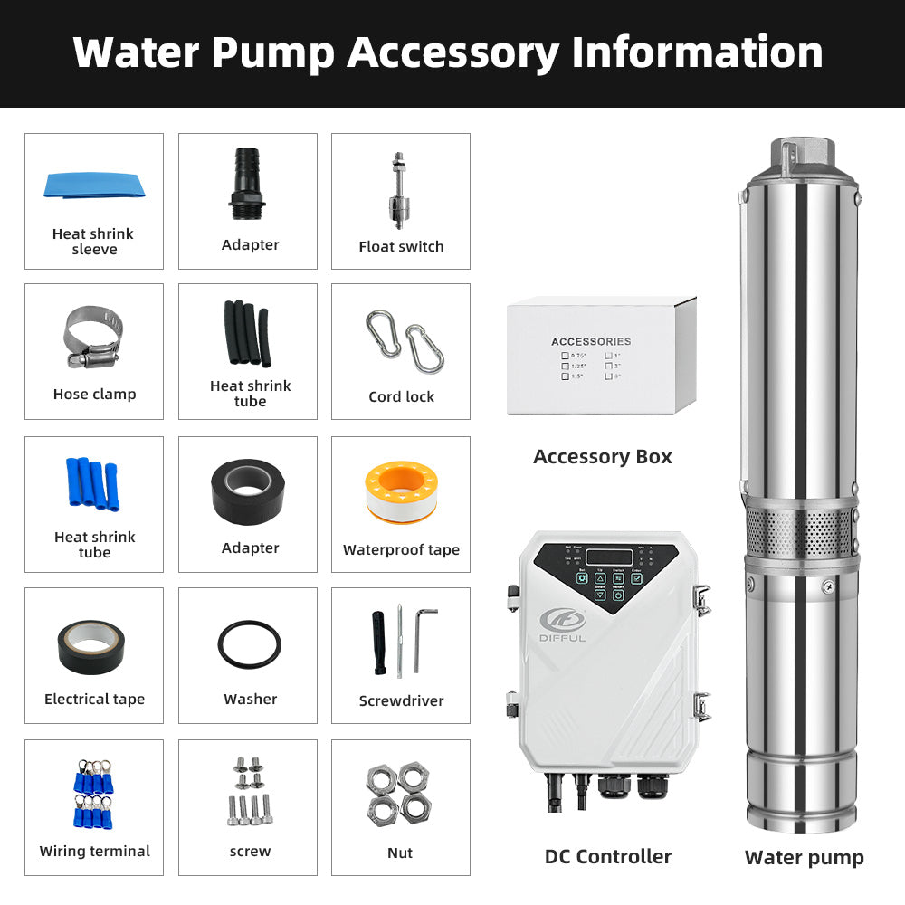 DIFFUL Solar Powered Water Pump Kit, 4 inch 135 M Head 1500 W 110 V DC For Off-Grid Living