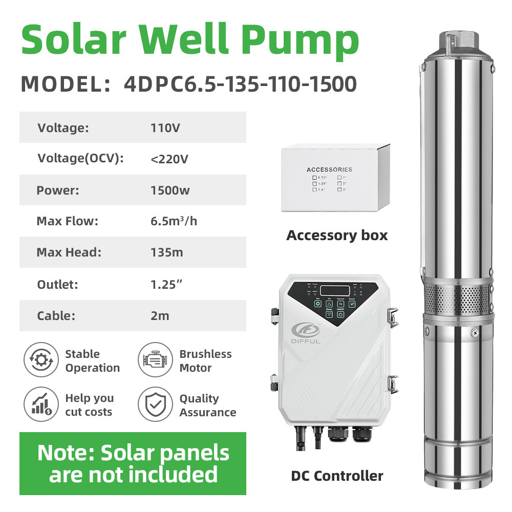 DIFFUL Solar Powered Water Pump Kit, 4 inch 135 M Head 1500 W 110 V DC For Off-Grid Living