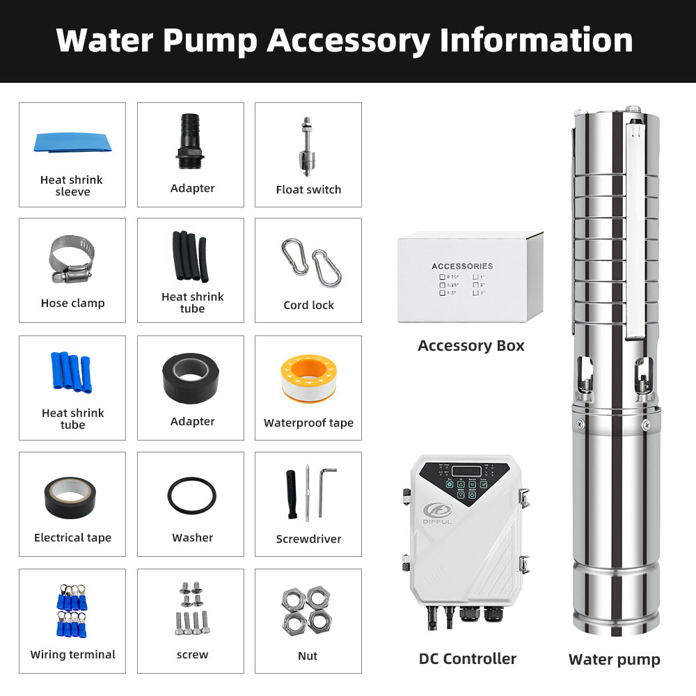 DIFFUL Solar Bore Pump Kit, 4 inch 25 M³/H Flow 1500 W 1100 V DC For Off-Grid Living