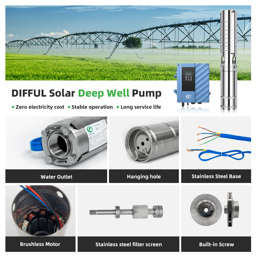 DIFFUL Solar Motor Pump Supplier, 4 inch 203 M Head 1500 W 85 V - 280 V AC/DC For Sprinklers