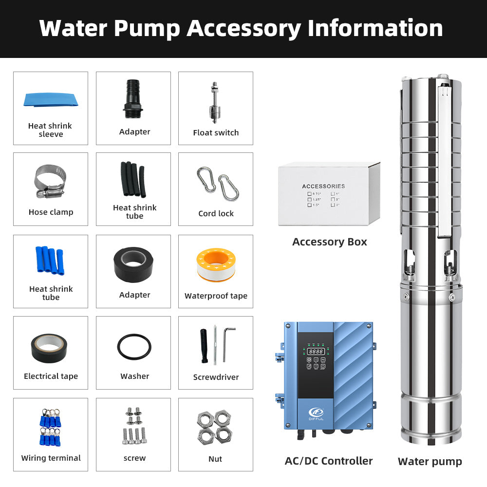 DIFFUL Solar Motor Pump Supplier, 4 inch 203 M Head 1500 W 85 V - 280 V AC/DC For Sprinklers