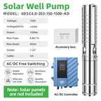 DIFFUL Solar Motor Pump Supplier, 4 inch 203 M Head 1500 W 85 V - 280 V AC/DC For Sprinklers
