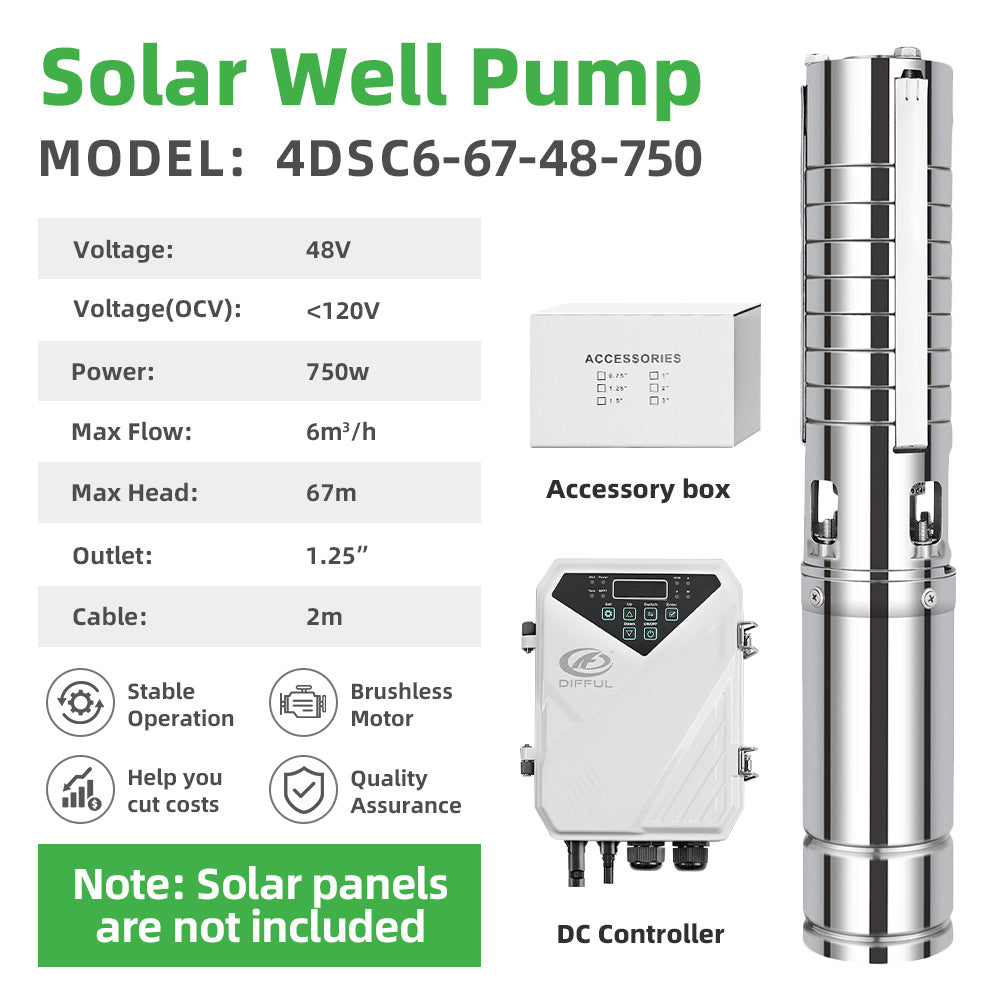 DIFFUL Solar Well Pumps Supplier, 4 inch 750 W 48 V DC For Livestock