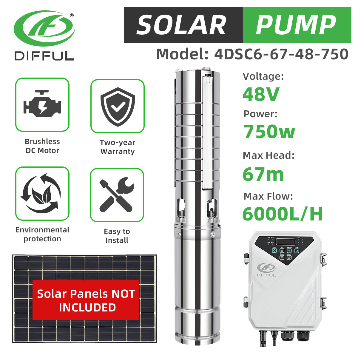 DIFFUL Solar Well Pumps, 4 inch 750W 48 V DC For Sprinklers