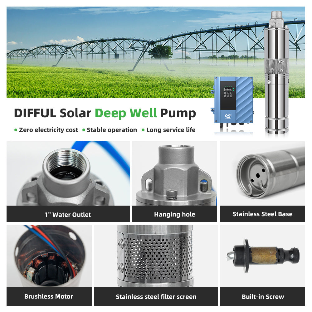 DIFFUL Solar Screw Pump Kit, 4 inch 750 W 85 V - 280 V AC/DC For Drip Lines