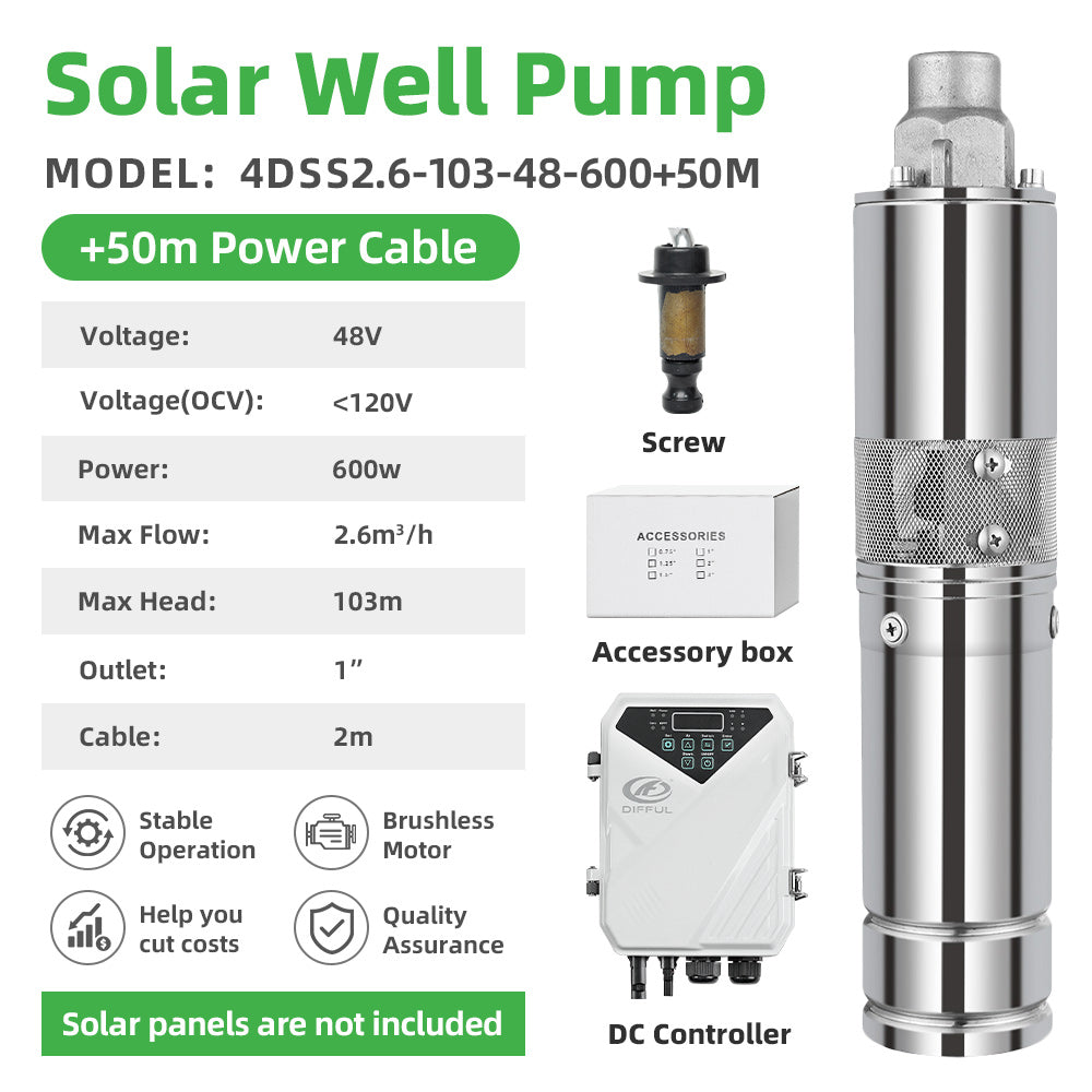 DIFFUL Solar Single Screw Pump, 4 inch 600 W 48 V DC 50 M Cable For Sprinklers