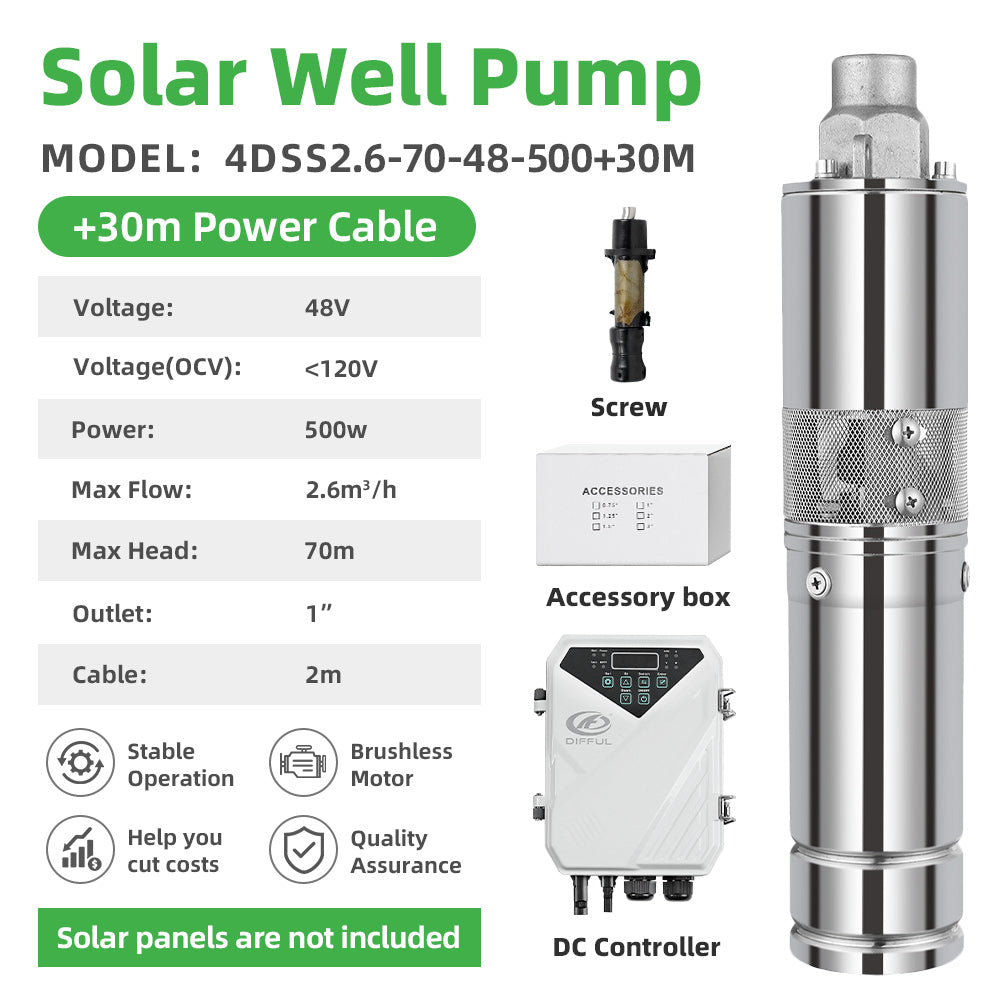 DIFFUL Solar Single Screw Pump Kit, 4 inch 500 W 48 V DC 30 M Cable For Irrigation