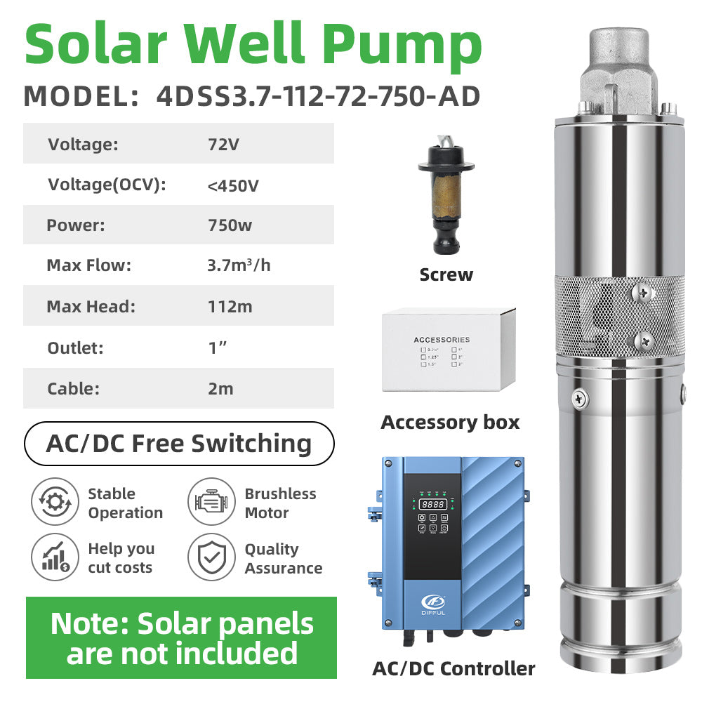 DIFFUL Solar Screw Pump Kit, 4 inch 750 W 85 V - 280 V AC/DC For Drip Lines