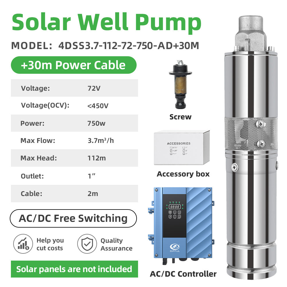 DIFFUL Solar Farm Pump, 4 inch 750 W 85 V - 280 V AD 30 M Cable For Livestock