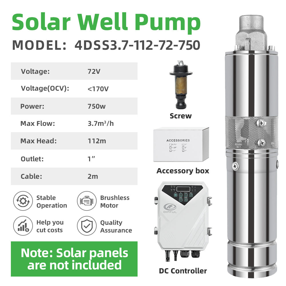 DIFFUL Solar Screw Pump Kit, 4 inch 750 W 72 V DC For Drip Lines
