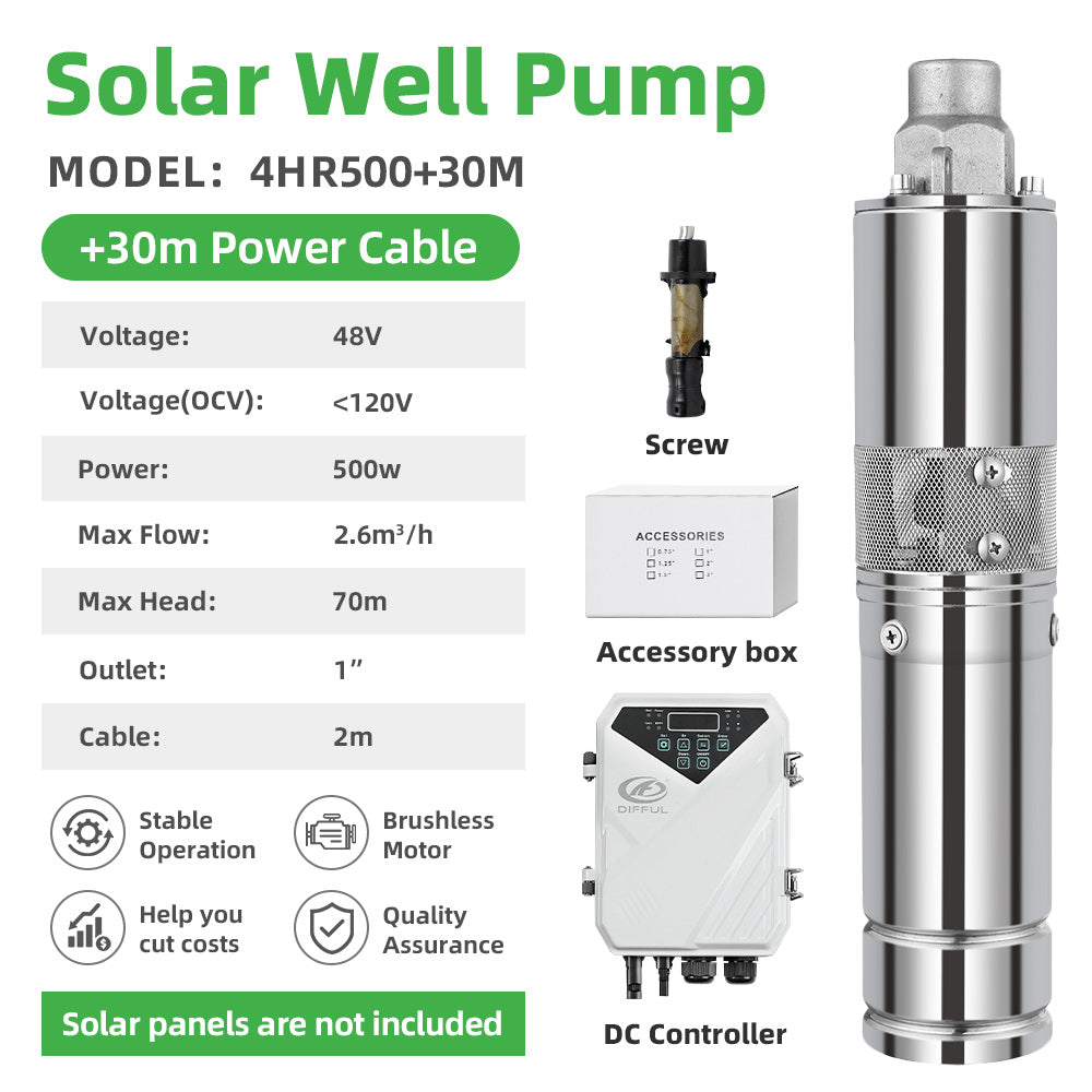 DIFFUL Solar Single Screw Pump Kit, 4 inch 500 W 48 V DC 30 M Cable For Irrigation