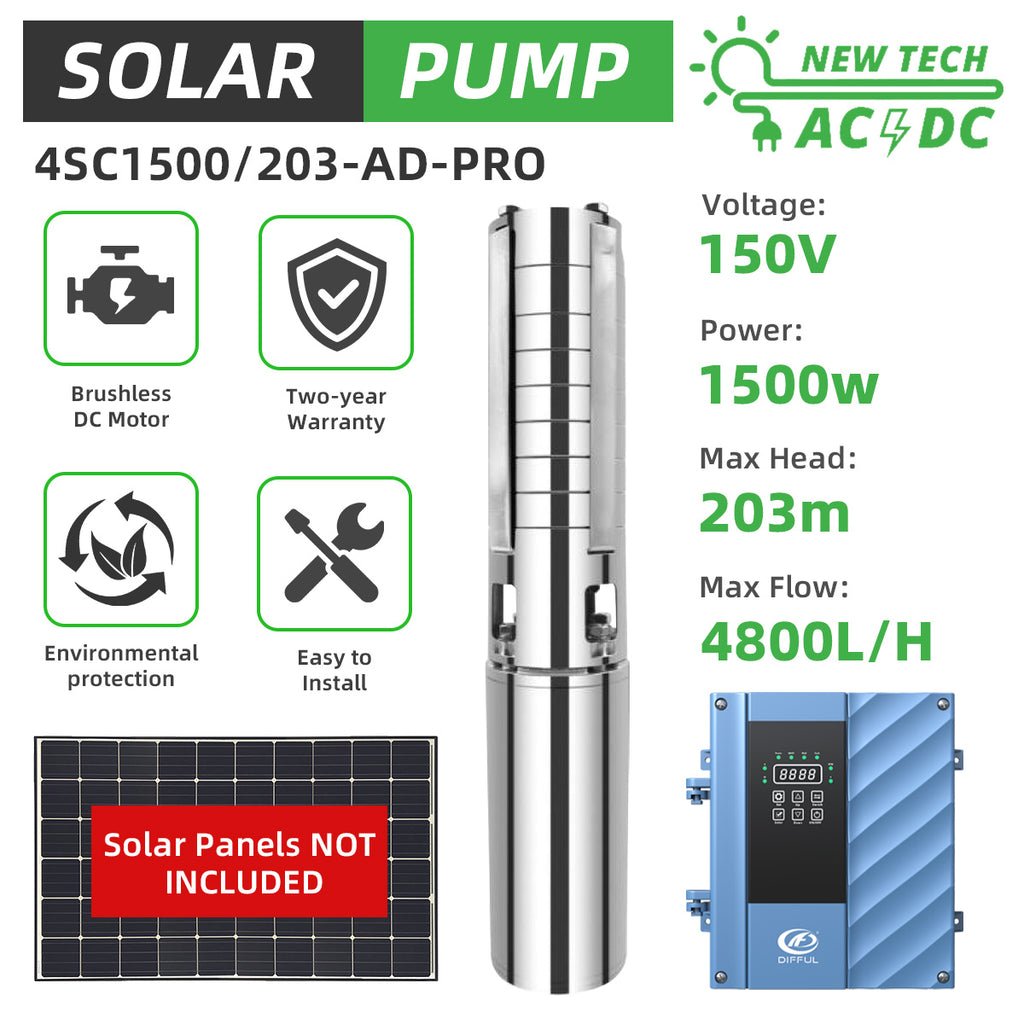DIFFUL Solar solar Borehole Pumps, 4 inch 203 M High Head 1500 W 85 V - 280 V AC/DC For Deep Well