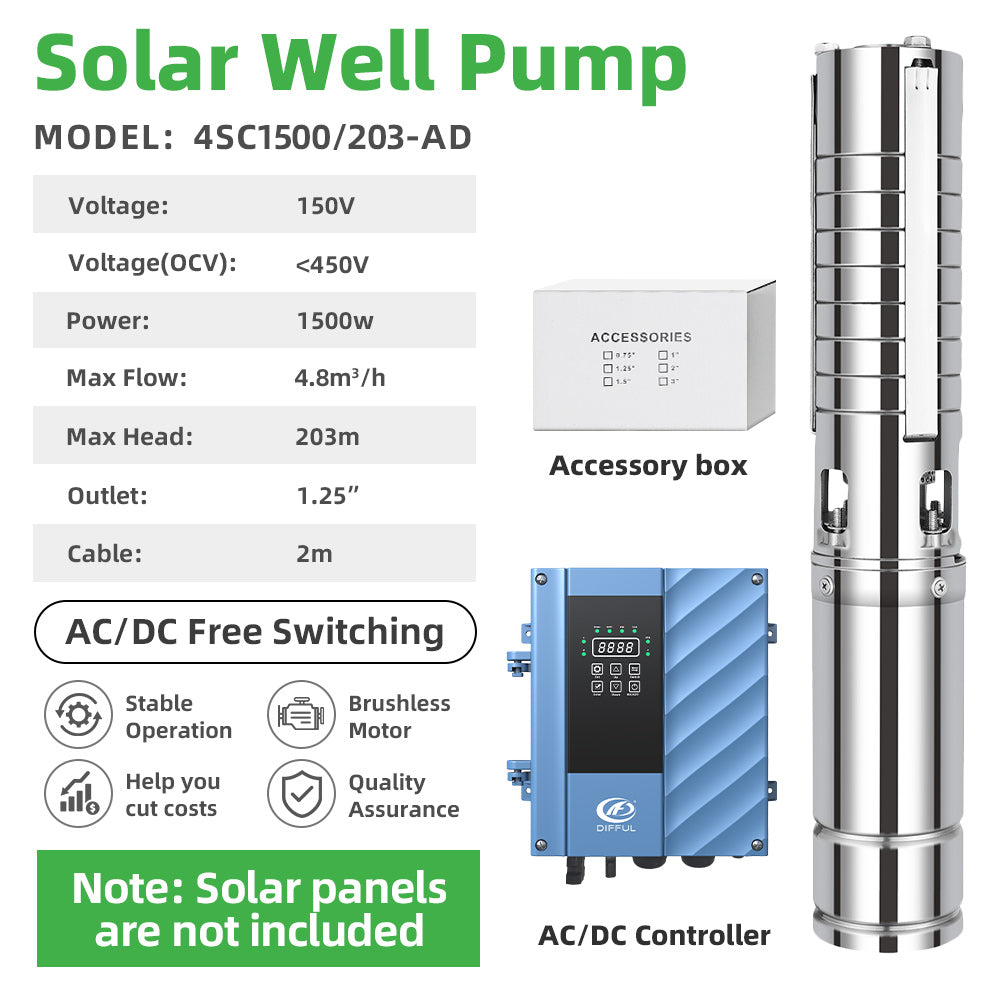 DIFFUL Solar Motor Pump Supplier, 4 inch 203 M Head 1500 W 85 V - 280 V AC/DC For Sprinklers