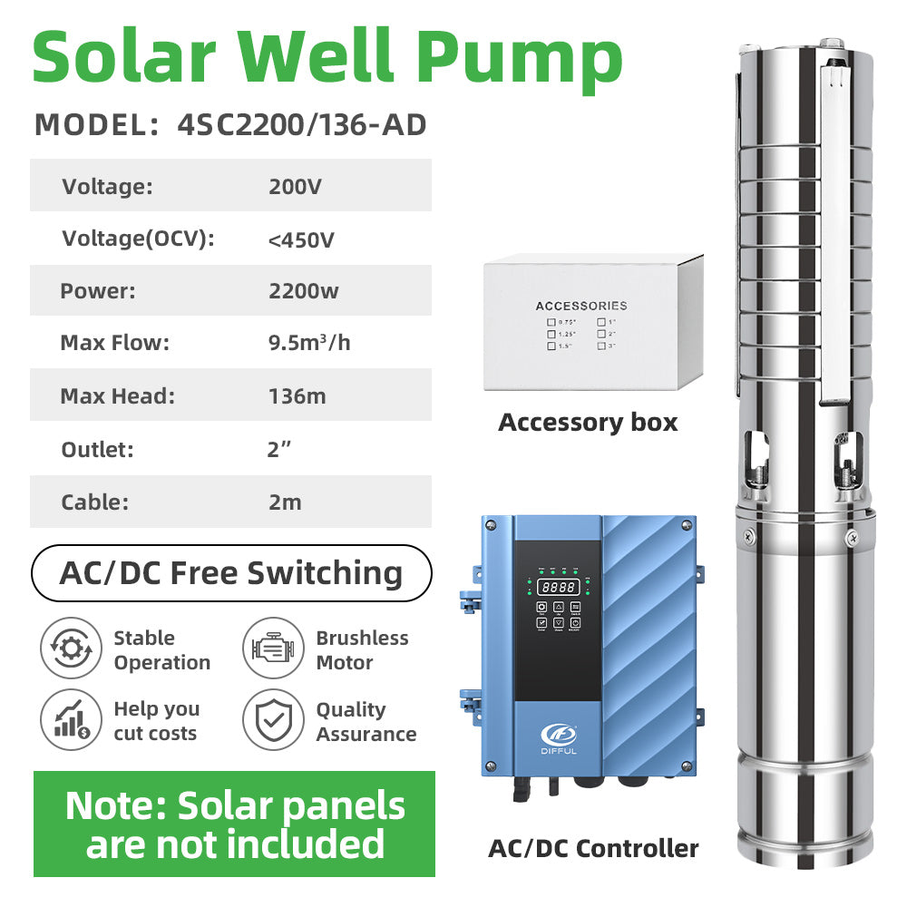 DIFFUL Solar Motor Pump System, 4 inch 1500 W 85 V - 280 V AC/DC For Sprinklers