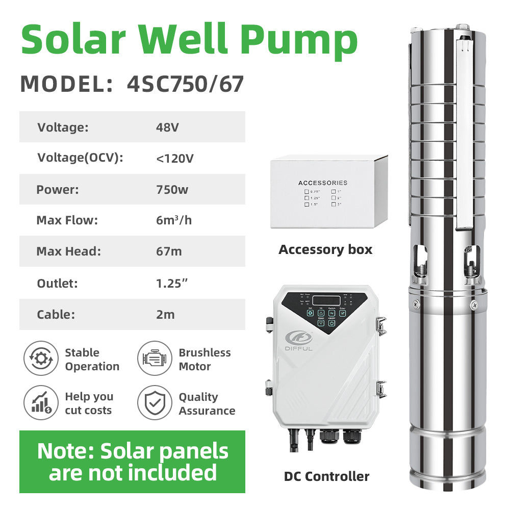 DIFFUL Solar Well Pumps Supplier, 4 inch 750 W 48 V DC For Livestock