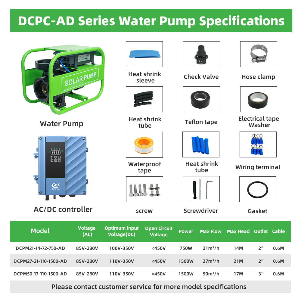 DIFFUL Solar farm Pump, 21 M Head 1500 W 85 V - 280 V AC/DC For Home & Garden