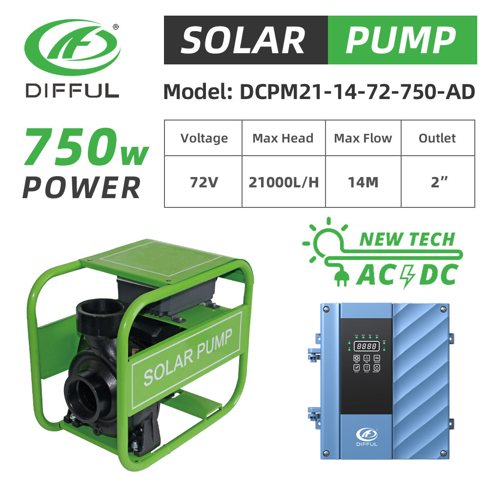 DIFFUL Solar Powered Pond Pump, 21 M Head 750 W 85 V - 280 V AC/DC For Filling Ponds