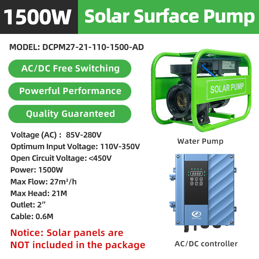 DIFFUL Solar farm Pump, 21 M Head 1500 W 85 V - 280 V AC/DC For Home & Garden